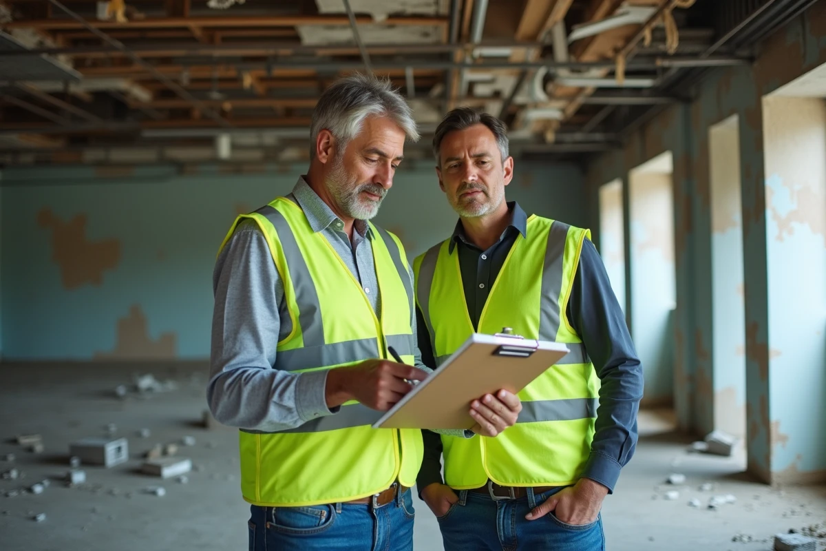 Experts en assurance inspectant les dégâts à l'intérieur d'un bâtiment commercial après un sinistre