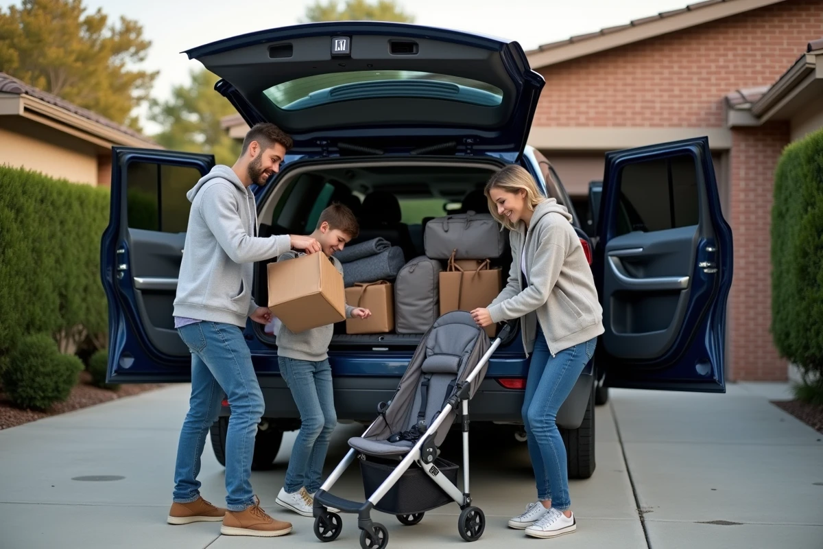 Famille chargeant des bagages dans le coffre d'un grand SUV familial bleu dans une allée résidentielle, illustrant la praticité au quotidien