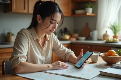 Femme calculant le coût d'un trajet en voiture sur smartphone avec carte routière et notes manuscrites sur une table de cuisine familiale