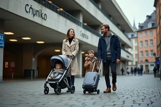 Famille avec poussette et valises à l'entrée d'un parking centre-ville de Colmar
