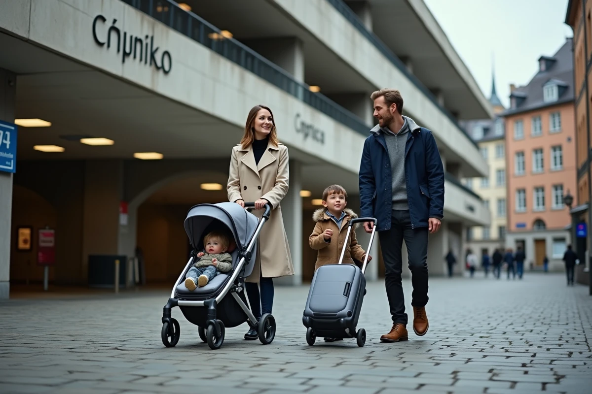 Famille avec poussette et valises à l'entrée d'un parking centre-ville de Colmar