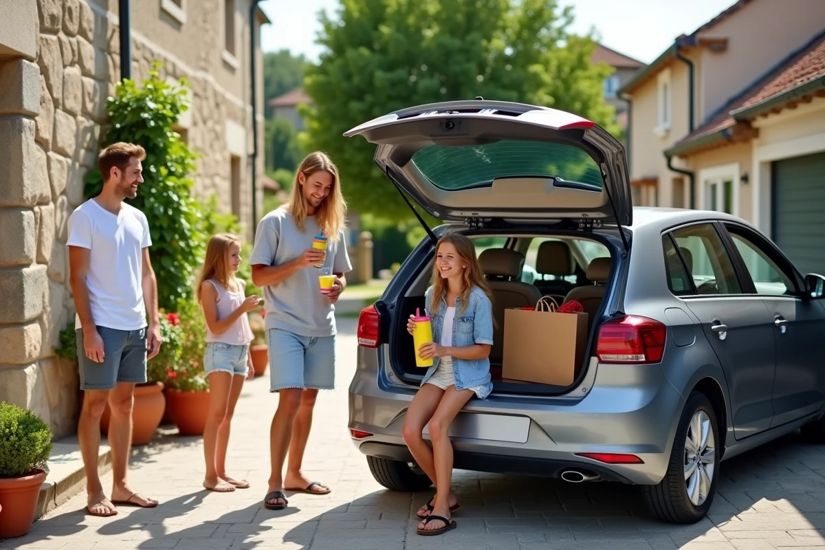Famille française préparant leur voiture pour des vacances d'été en road trip sur autoroutes gratuites