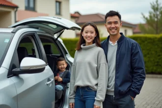 Jeune famille souriante devant un SUV compact asiatique argenté dans une allée résidentielle