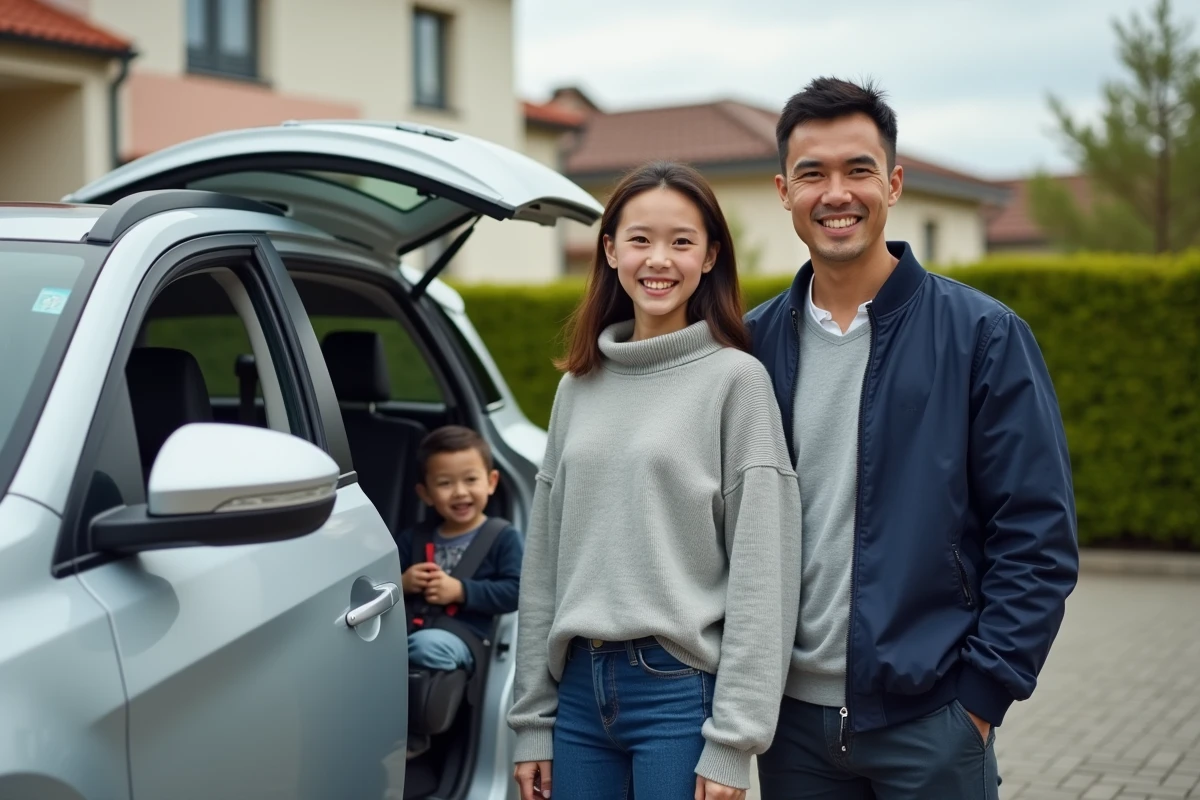 Jeune famille souriante devant un SUV compact asiatique argenté dans une allée résidentielle