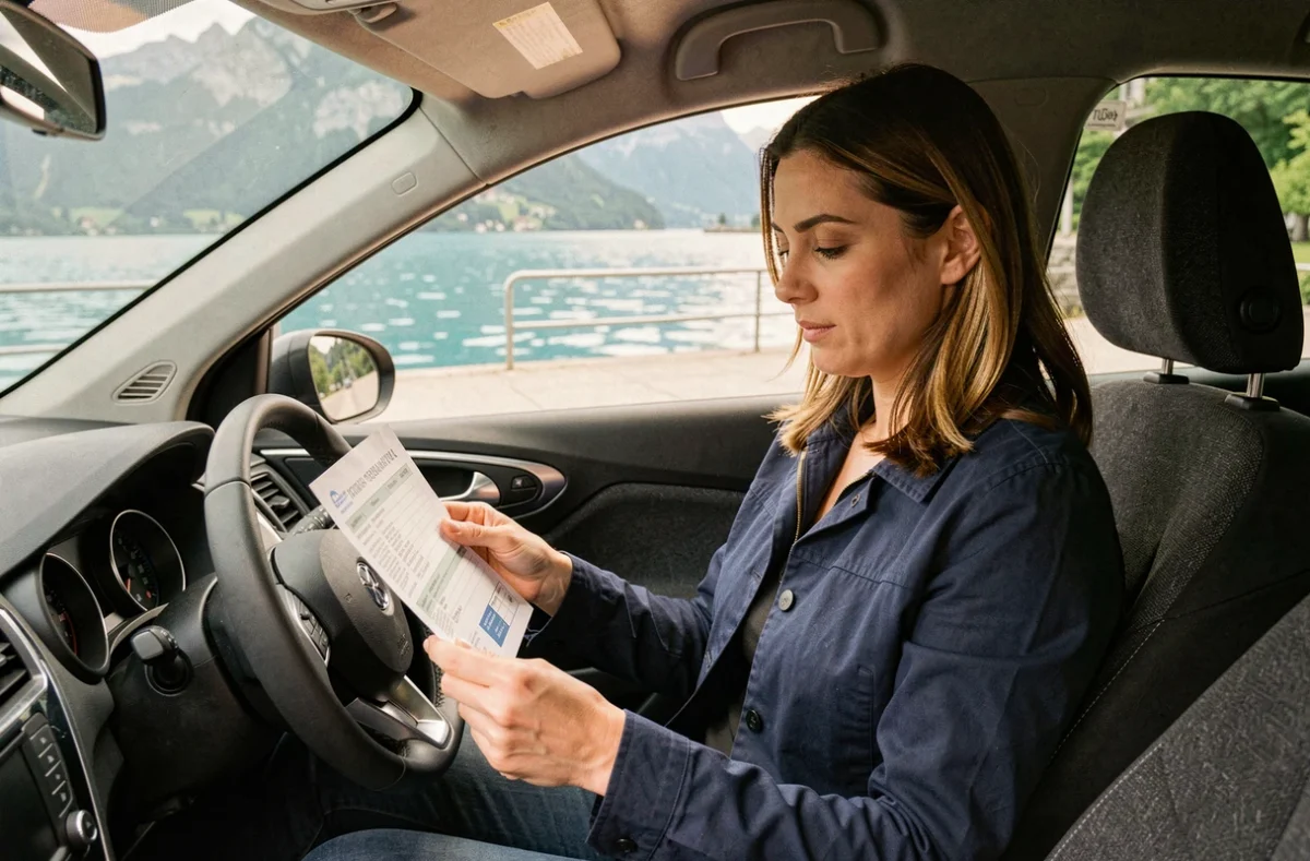 Femme en voiture à Annecy consultant son contrat d'assurance auto avec le lac en arrière-plan