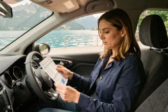 Femme en voiture à Annecy consultant son contrat d'assurance auto avec le lac en arrière-plan