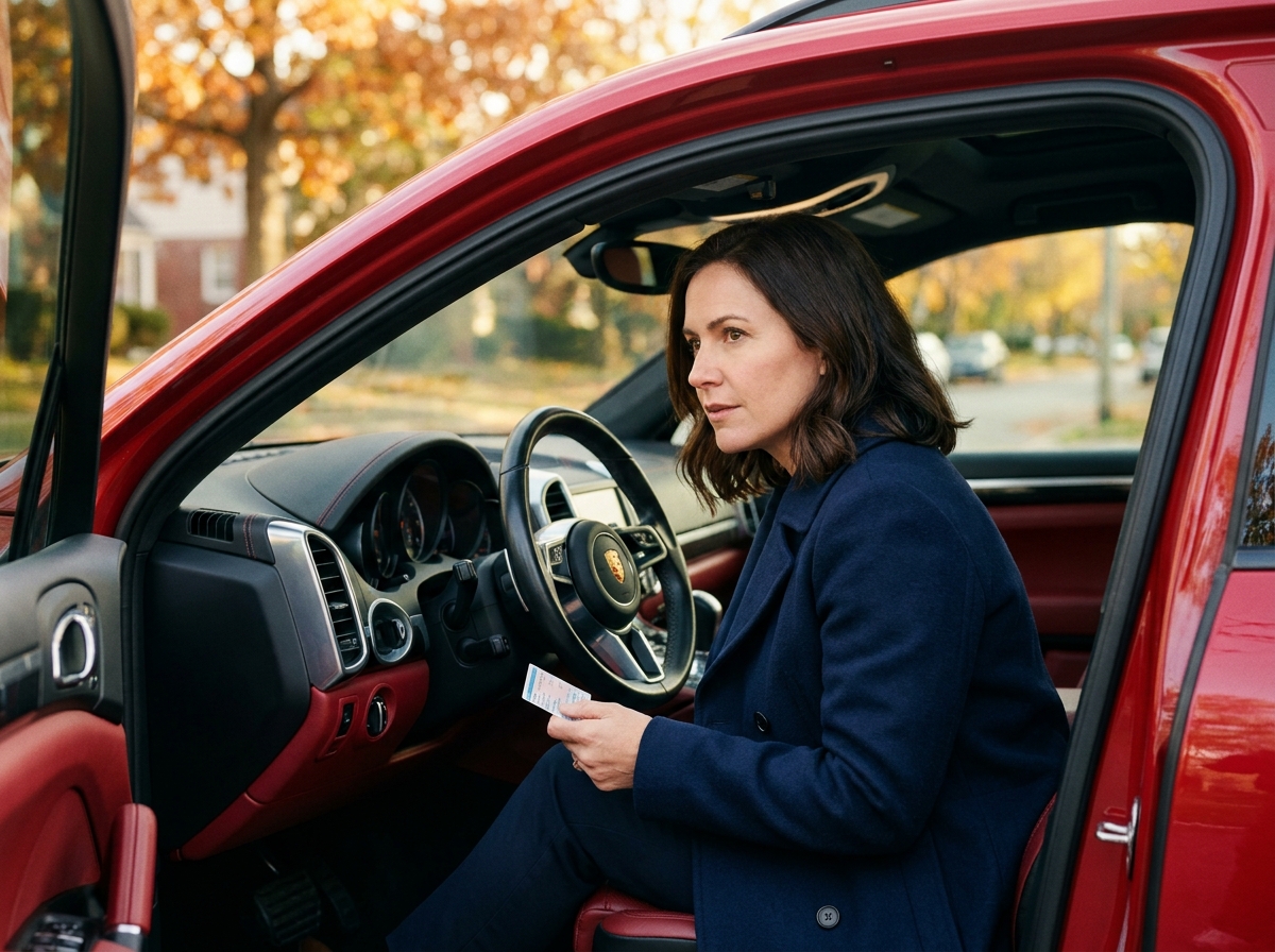 Femme tenant une carte d'assurance à l'intérieur d'un Porsche Cayenne rouge garé dans une rue aux arbres dorés en automne