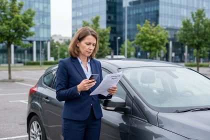 Femme d affaires regardant ses documents d assurance voiture