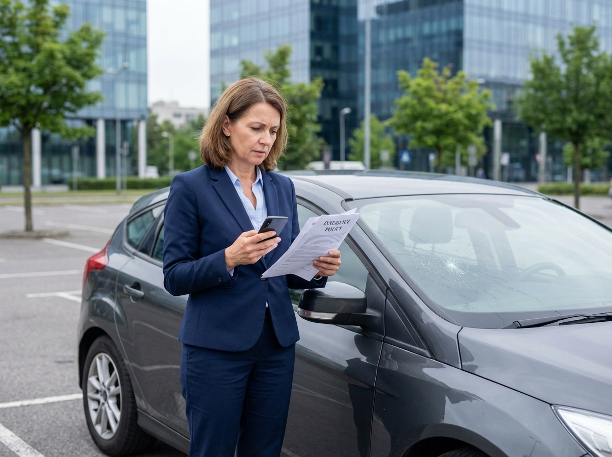 Femme d affaires regardant ses documents d assurance voiture