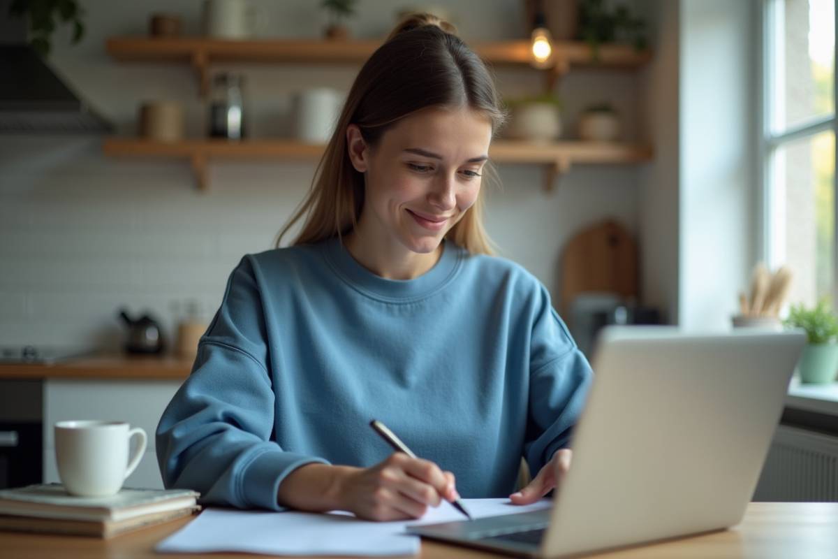 Femme regardant des formulaires de licence sur un ordinateur