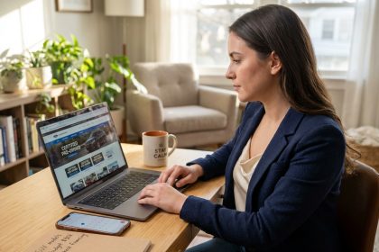 Jeune femme au bureau regardant des sites auto sur son ordinateur