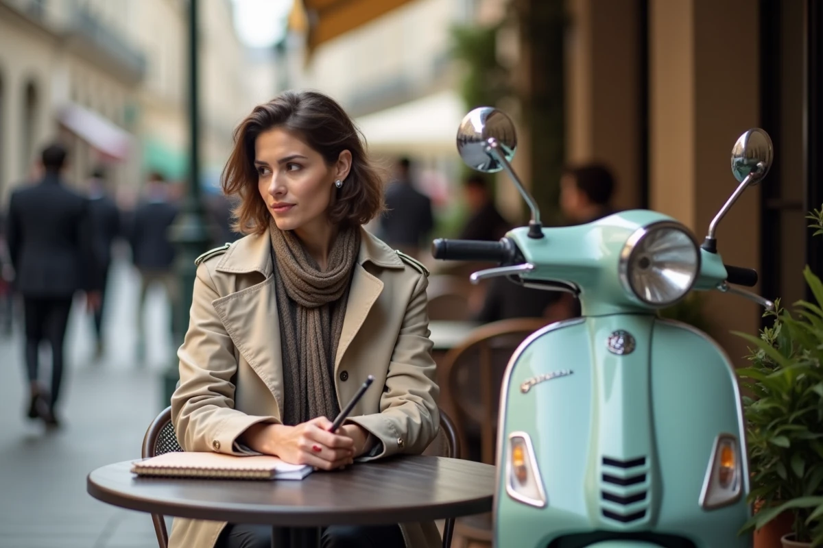 Femme assise au caf&eacute; regardant un scooter &agrave; proximit&eacute;
