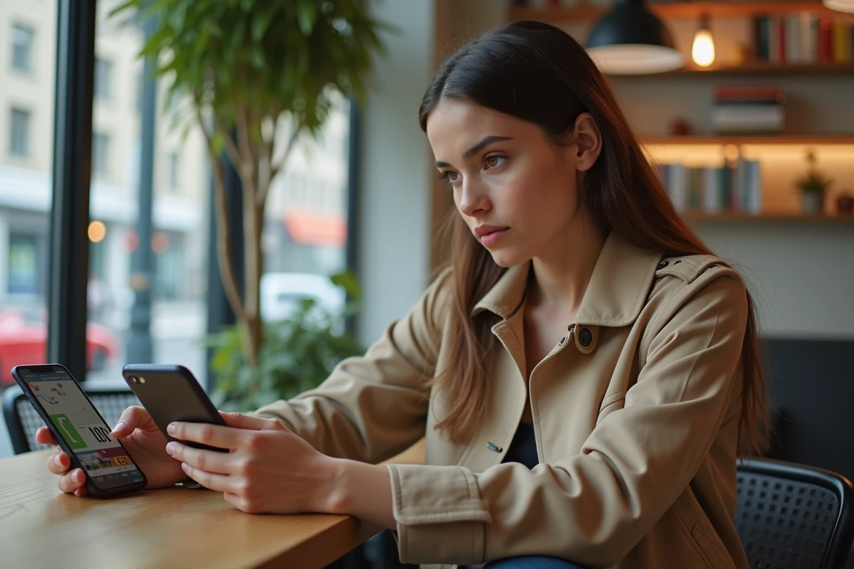 Femme dans un cafe regardant une plaque d