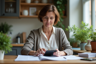 Femme d'âge moyen calculant ses contrats d'assurance à la maison