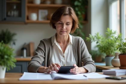 Femme d'âge moyen calculant ses contrats d'assurance à la maison