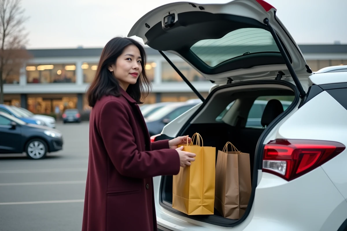 Femme chargeant des courses dans le coffre d'un crossover familial asiatique blanc au supermarché