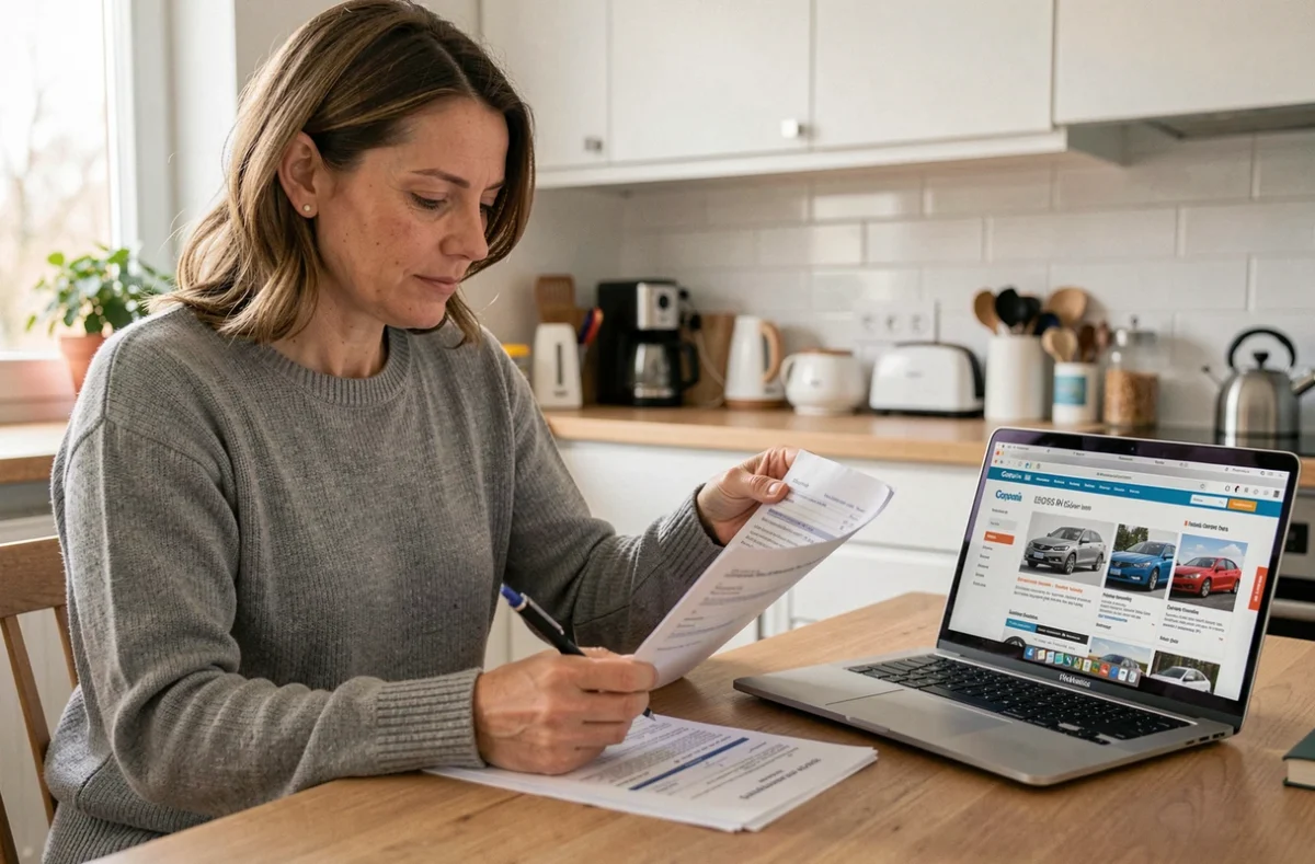 Femme consultant des documents d'assurance auto à la maison pour comparer les prix en France