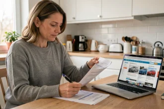 Femme consultant des documents d'assurance auto à la maison pour comparer les prix en France