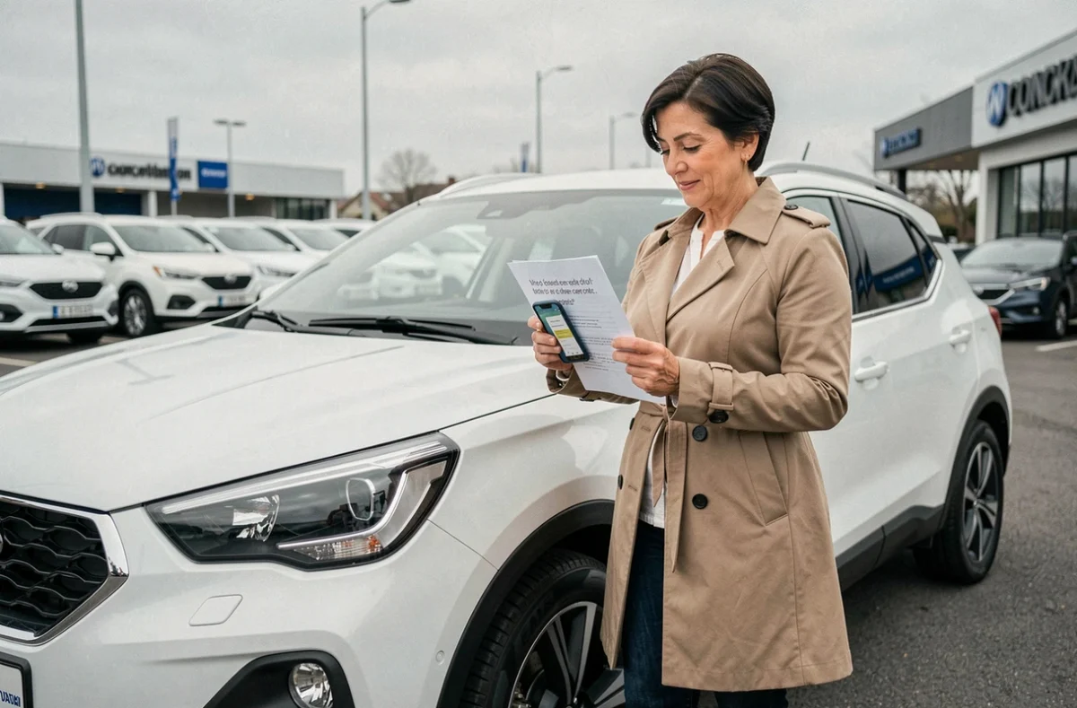 Une femme compare des offres de prix pour une Seat ATK neuve dans un parc automobile de concession