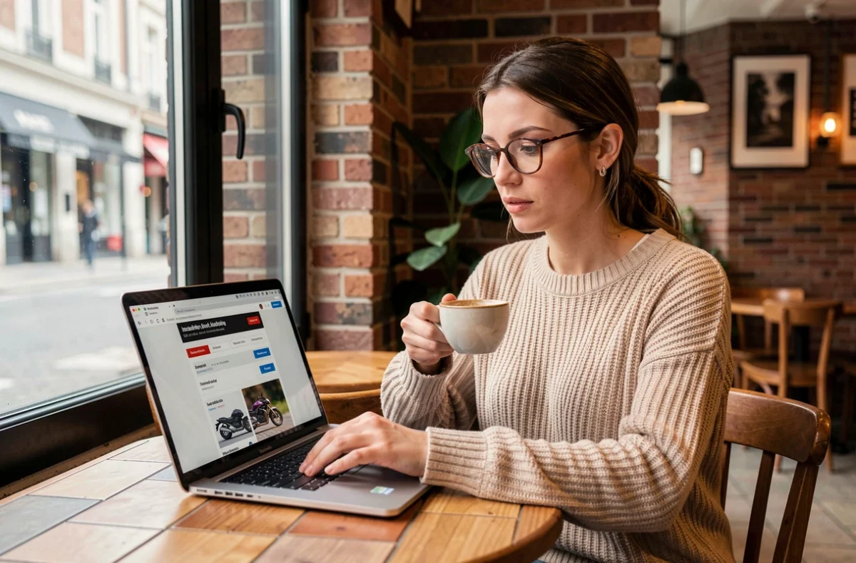 Femme consultant des comparateurs d'assurance moto en ligne dans un café de Nantes