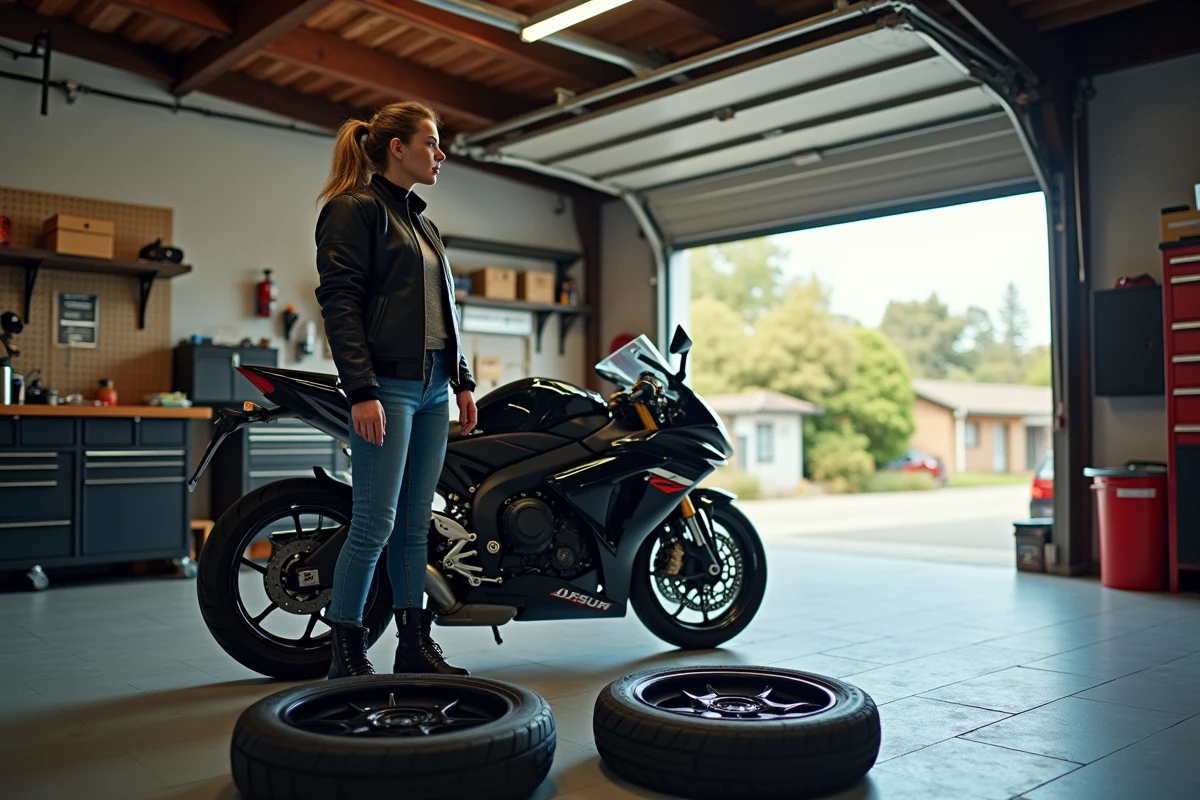 Femme rider comparant deux pneus de moto dans un atelier