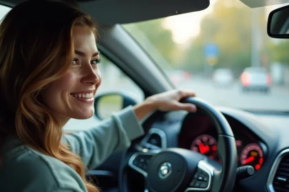 Jeune femme au volant d'une voiture en ville v&eacute;rifiant son odom&egrave;tre