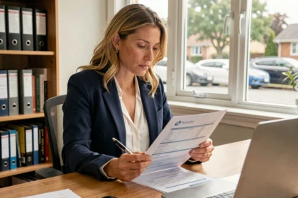 Femme consultant un contrat d'assurance voiture Suravenir à son bureau à domicile