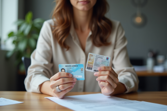 Femme vérifiant ses documents d'identité en bureau administratif