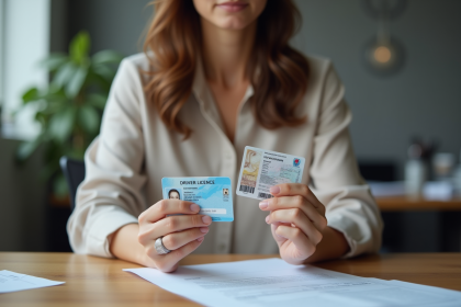 Femme v&eacute;rifiant ses documents d'identit&eacute; en bureau administratif