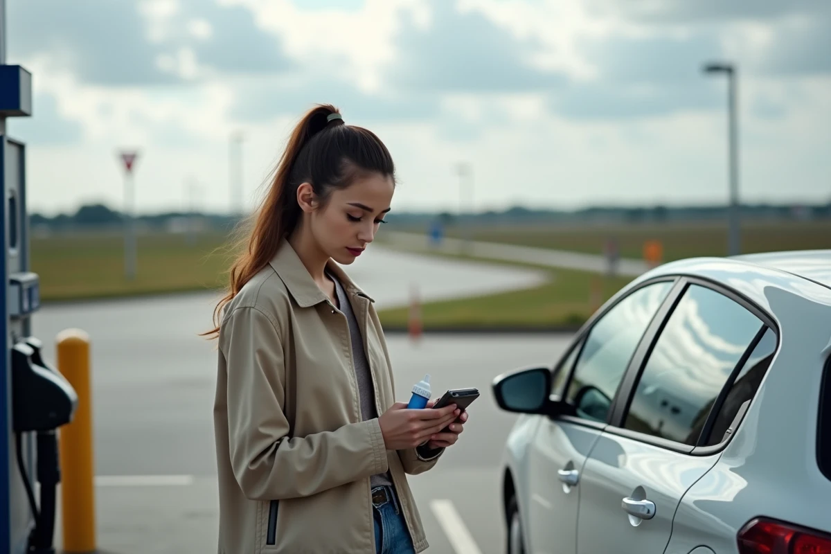 Femme consultant son téléphone sur le voyant AdBlue de sa Peugeot 208 blanche dans une station-service