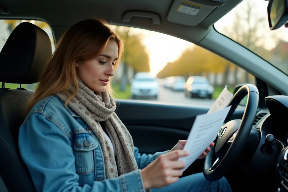 Femme regardant son document de carte grise dans la voiture