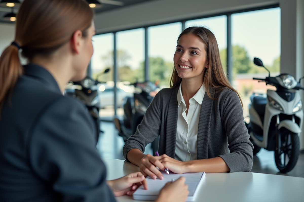 Femme écoutant un vendeur dans un showroom moto