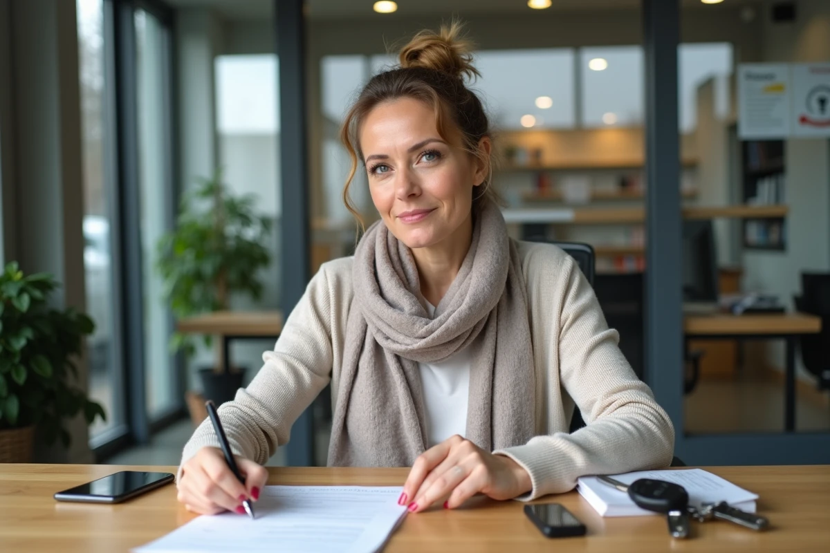 Femme contrôlant un document de voiture dans un bureau auto