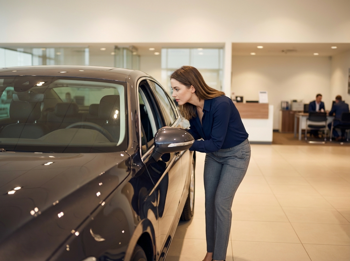 Femme regardant une voiture dans le showroom