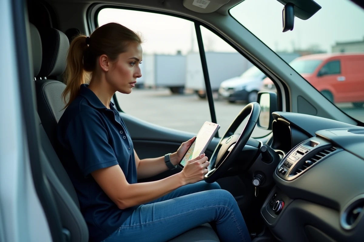 Femme planifiant une livraison avec une tablette dans un van
