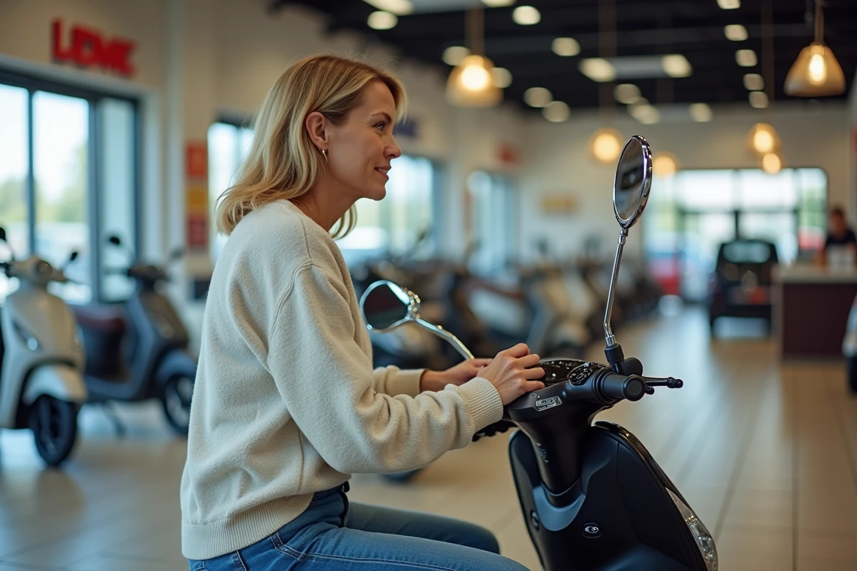 Femme inspectant un scooter en showroom