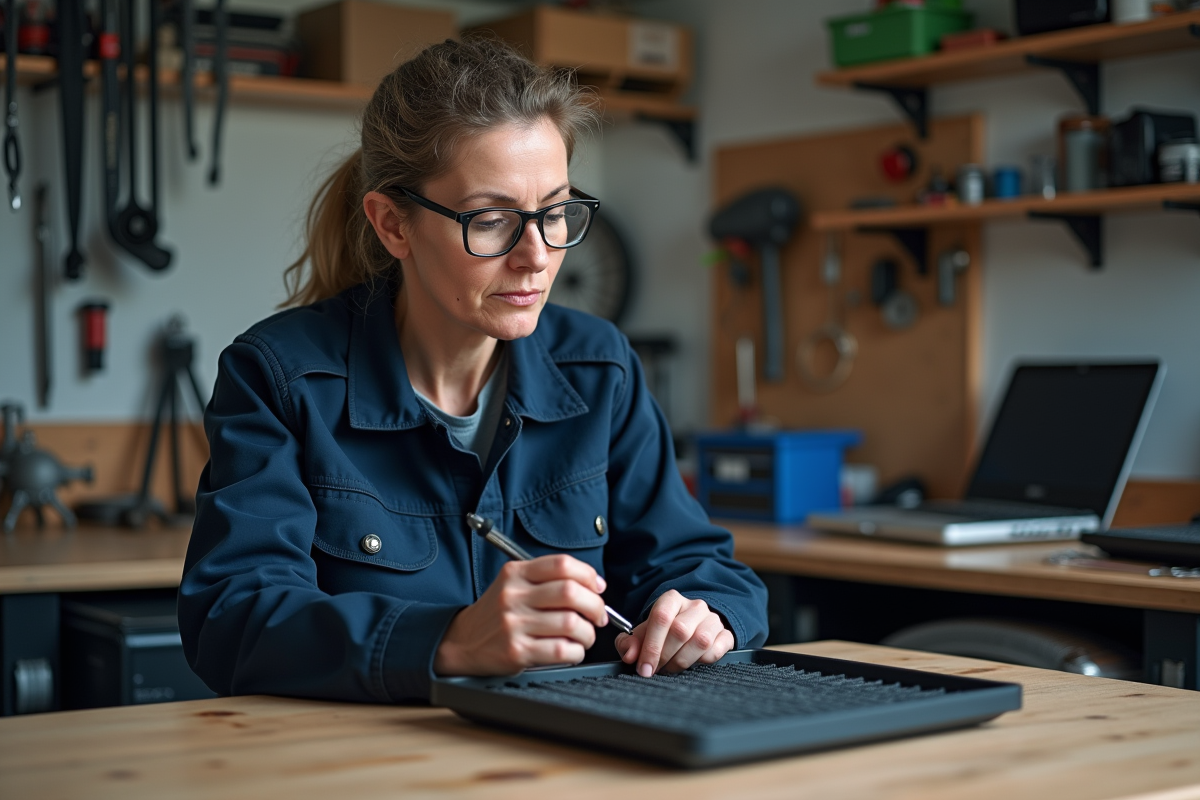 Femme inspectant un filtre à air dans un garage