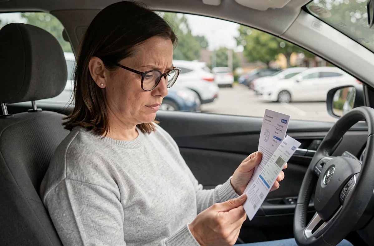 Femme assise dans une voiture en train de lire attentivement sa carte grise pour comprendre la différence entre puissance fiscale et puissance moteur