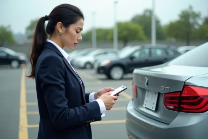 Femme examinant la plaque d'immatriculation d'une voiture dans un parking urbain avec un carnet de notes