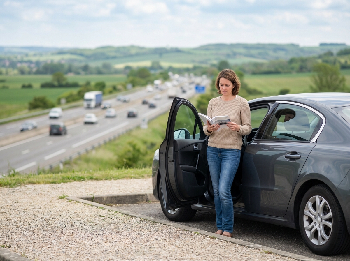 Femme consulte un manuel de voiture sur l