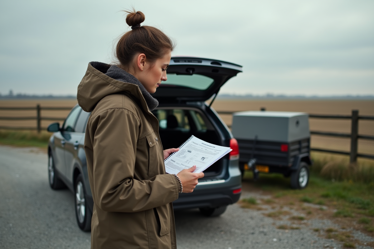 Jeune femme lisant le manuel de sa voiture dans un cadre rural