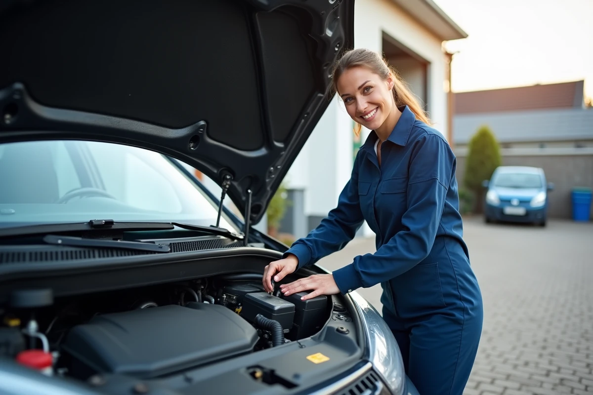 Femme mécanicienne vérifiant le moteur d