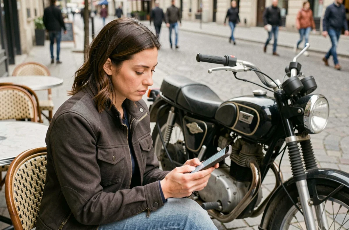 Femme motarde consultant les avis sur les assurances moto depuis son smartphone en terrasse