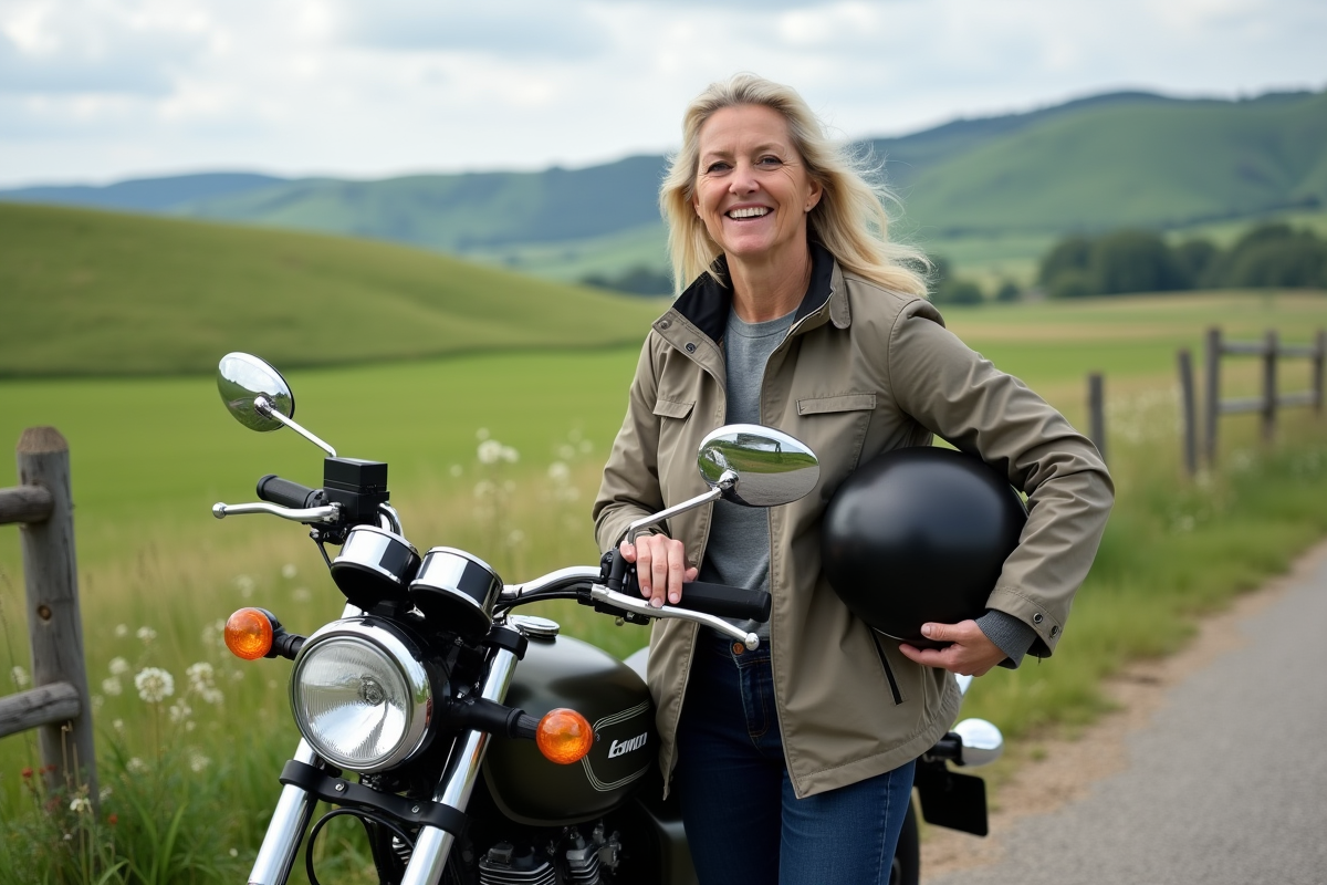 Femme souriante avec moto dans un paysage rural