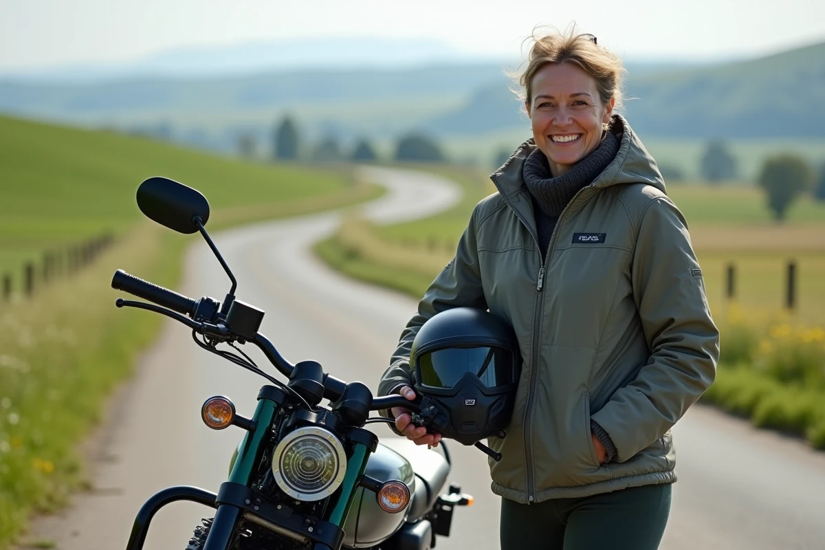 Femme souriante avec moto en campagne nature