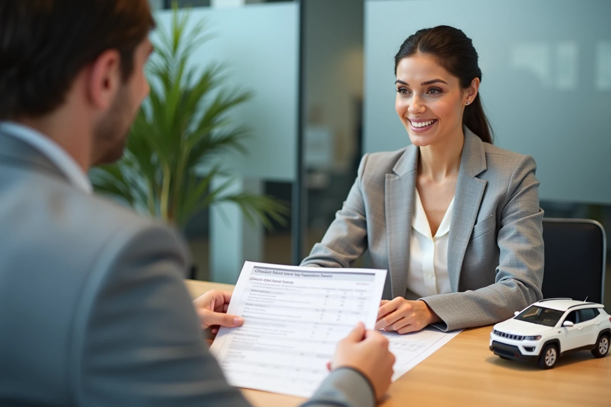 Une femme n&eacute;gocie le prix d'un v&eacute;hicule neuf avec un conseiller commercial dans une salle de r&eacute;union de concession