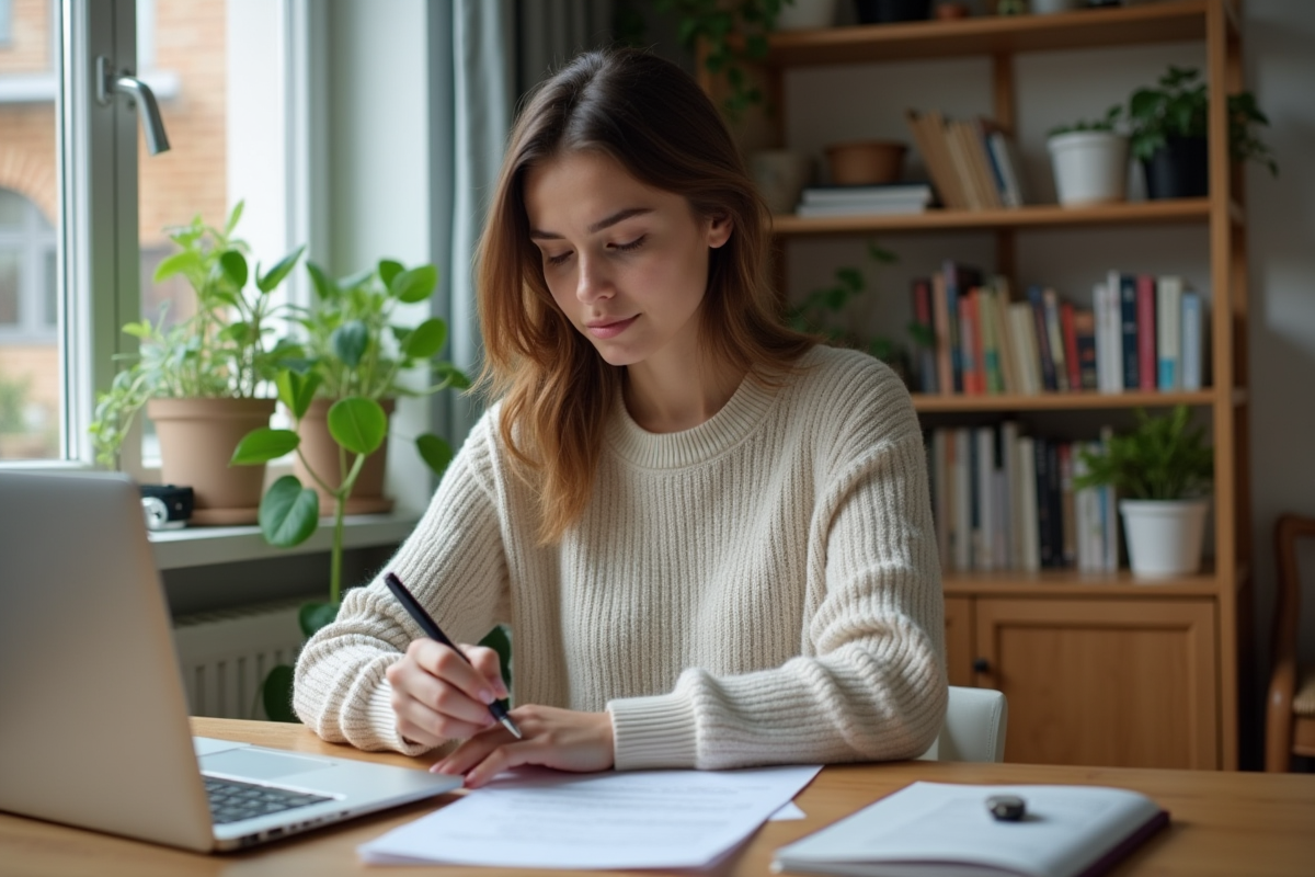 Jeune femme remplissant des papiers à la maison avec ordinateur et clés