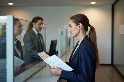 Femme dans un bureau municipal français avec papiers et reçu