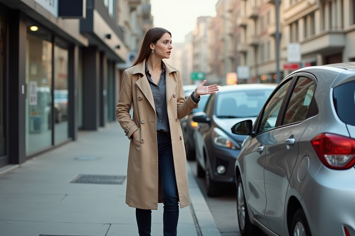 Jeune femme observant une place de stationnement en ville