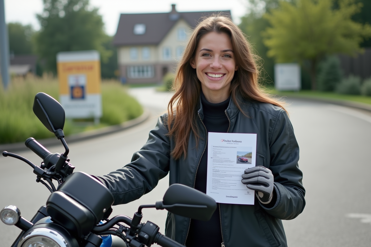 Femme française souriante avec permis moto devant sa moto en zone urbaine